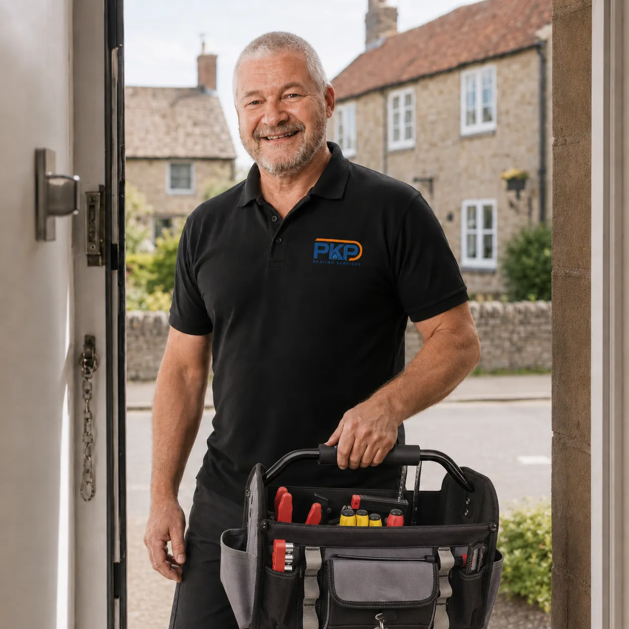 Phil Porter of PKP Heating Services arriving at a customer's front door with his tool bag